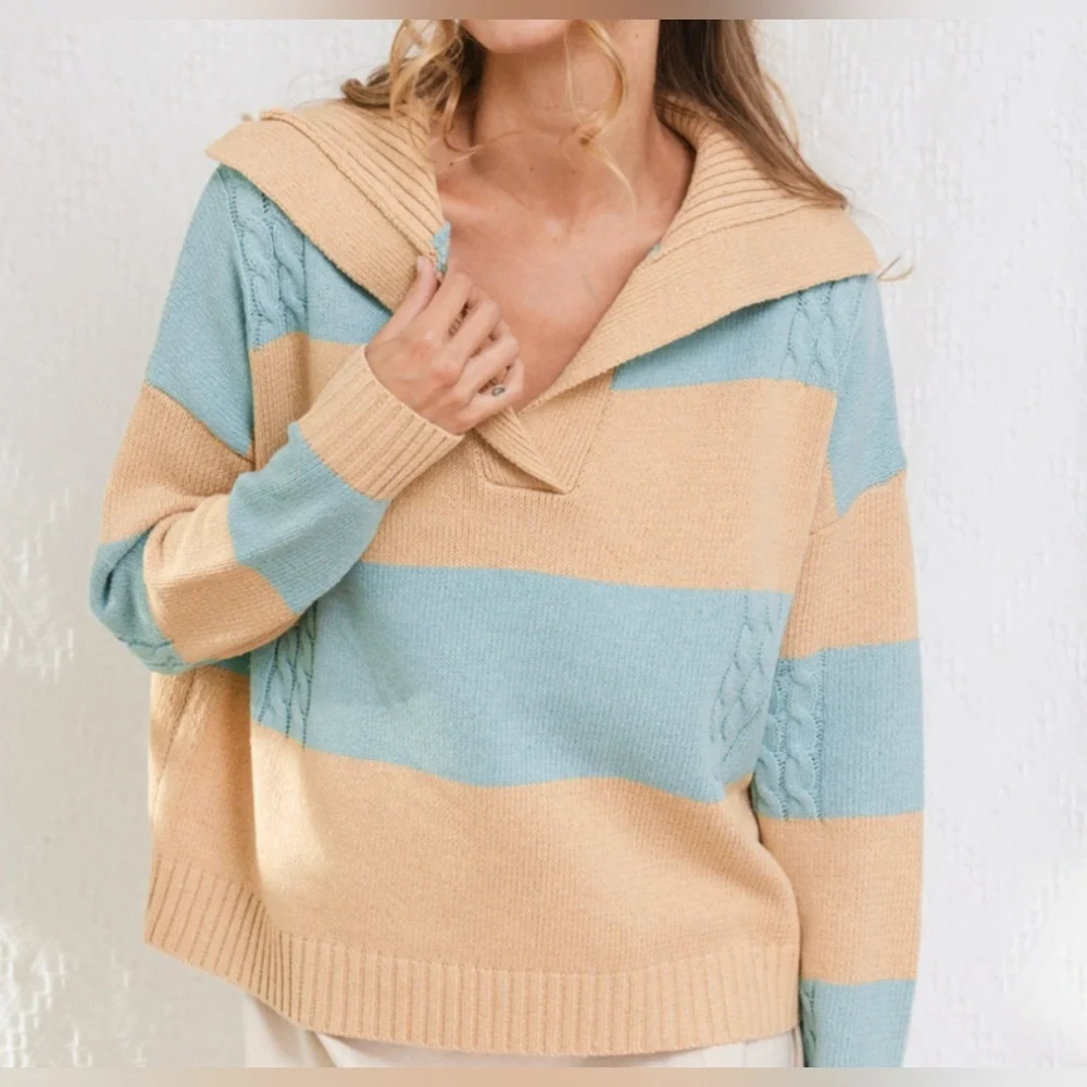 #213 🛑L BOHO  SPREAD COLLAR NECK COLOR BLOCKED SWEATER TOP - Picture 6 of 12